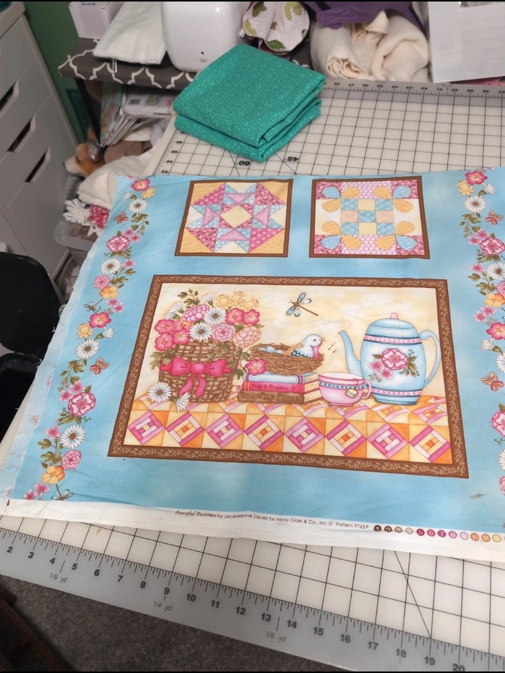 Floral Tea Time Printed Quilt Panel - Blue